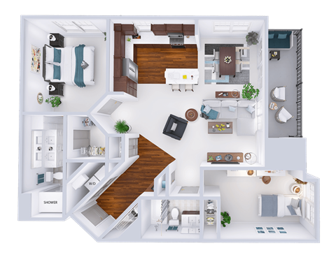 Floor plan for 2 beds, 2 baths, 1256 sqft